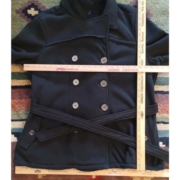 New Look Black Double Breasted Shiny Buttoned Belted Trench Fleece Pea Coat 2X - Picture 4 of 13